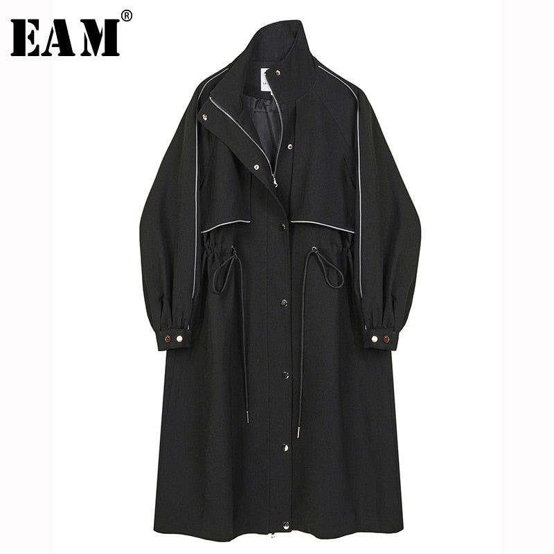 [EAM] Women Black Drawstring Big Size Trench New Lapel Long Sleeve Loose Fit Windbreaker Fashion Tide Spring Autumn 2020 1Y757