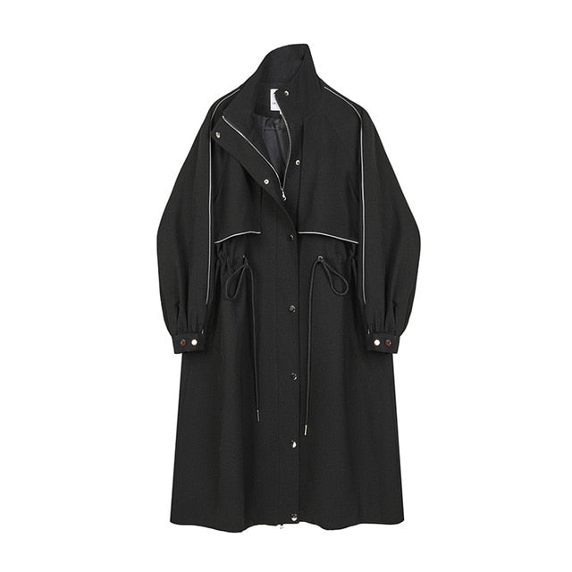 [EAM] Women Black Drawstring Big Size Trench New Lapel Long Sleeve Loose Fit Windbreaker Fashion Tide Spring Autumn 2020 1Y757