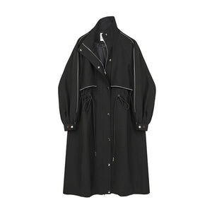 [EAM] Women Black Drawstring Big Size Trench New Lapel Long Sleeve Loose Fit Windbreaker Fashion Tide Spring Autumn 2020 1Y757