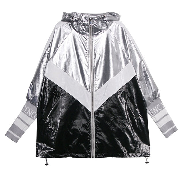 [EAM] Women Letter Printed Big Size Trench New Hooded Long Sleeve Loose Fit Windbreaker Fashion Tide Spring Autumn 2020 1Z612