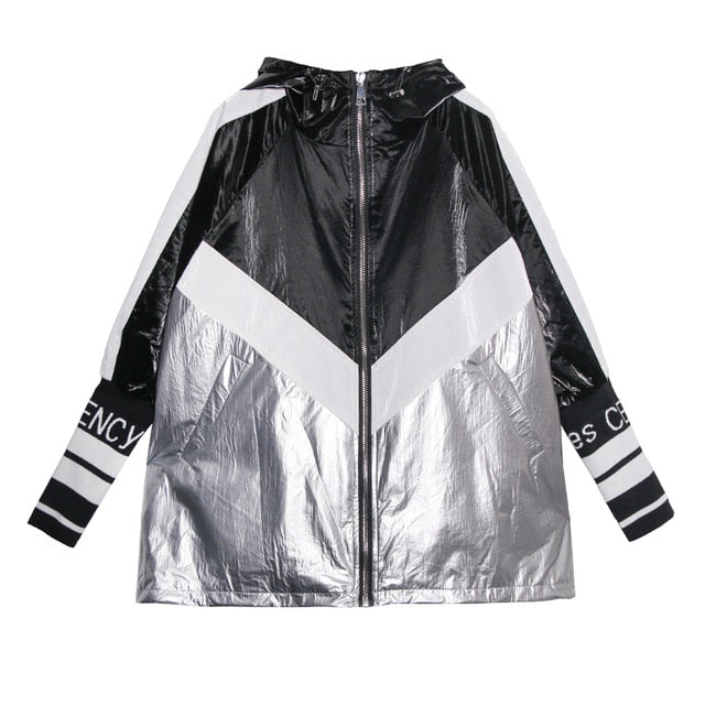 [EAM] Women Letter Printed Big Size Trench New Hooded Long Sleeve Loose Fit Windbreaker Fashion Tide Spring Autumn 2020 1Z612