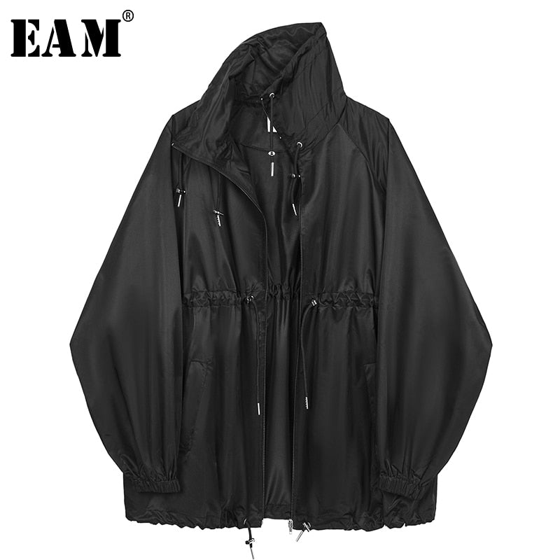 [EAM] Women Black Big Size Thi Trench New Stand Collar Long Sleeve Loose Fit Windbreaker Fashion Tide Spring Summer 2020 1Y796