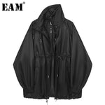 [EAM] Women Black Big Size Thi Trench New Stand Collar Long Sleeve Loose Fit Windbreaker Fashion Tide Spring Summer 2020 1Y796