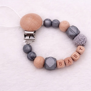 Handmade Free Personalized Name Silicone Wood Pacifier Clips Safe Teething Chain Baby Teether Eco-friendly Dummy Clips Holder